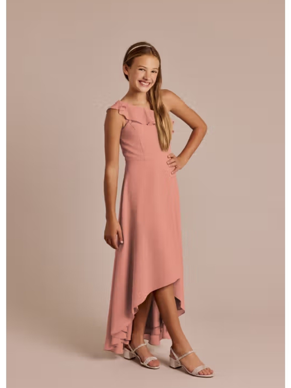 David's Bridal Girls Dusty Rose One-Shoulder High-Low Dress